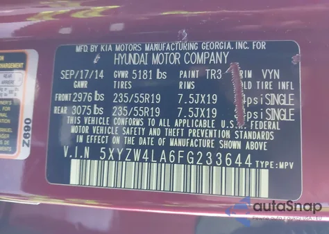 2015 Hyundai Santa Fe Sport 2.0L Turbo from USA, damaged, VIN 5XYZW4LA6FG233644